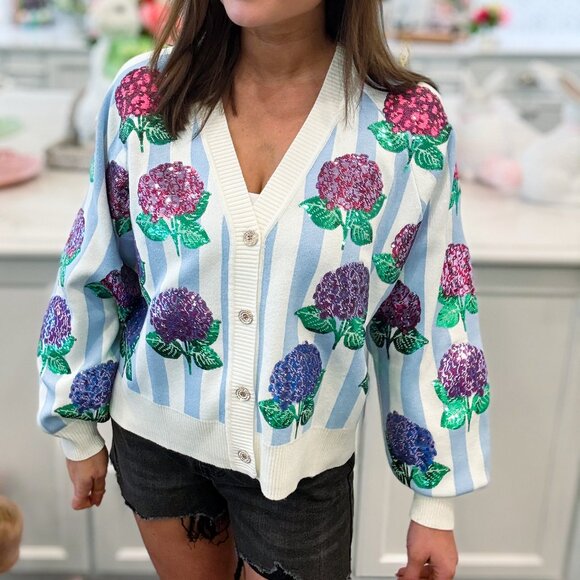 Blue & White Striped Hibiscus Cardigan - Picture 1 of 3